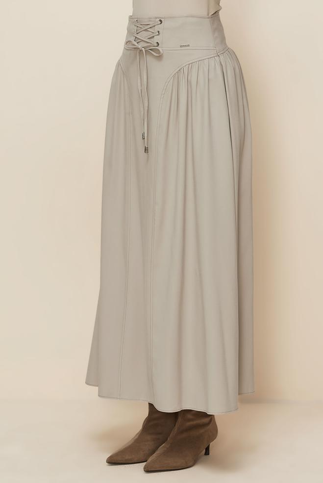 Tesettür giyim BEJ BAĞCIK DETAYLI ETEK 60728 - ALVİNA