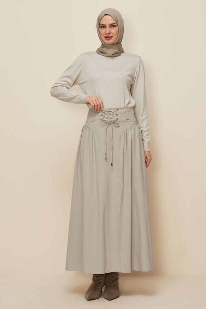 Tesettür giyim BEJ BAĞCIK DETAYLI ETEK 60728 - ALVİNA