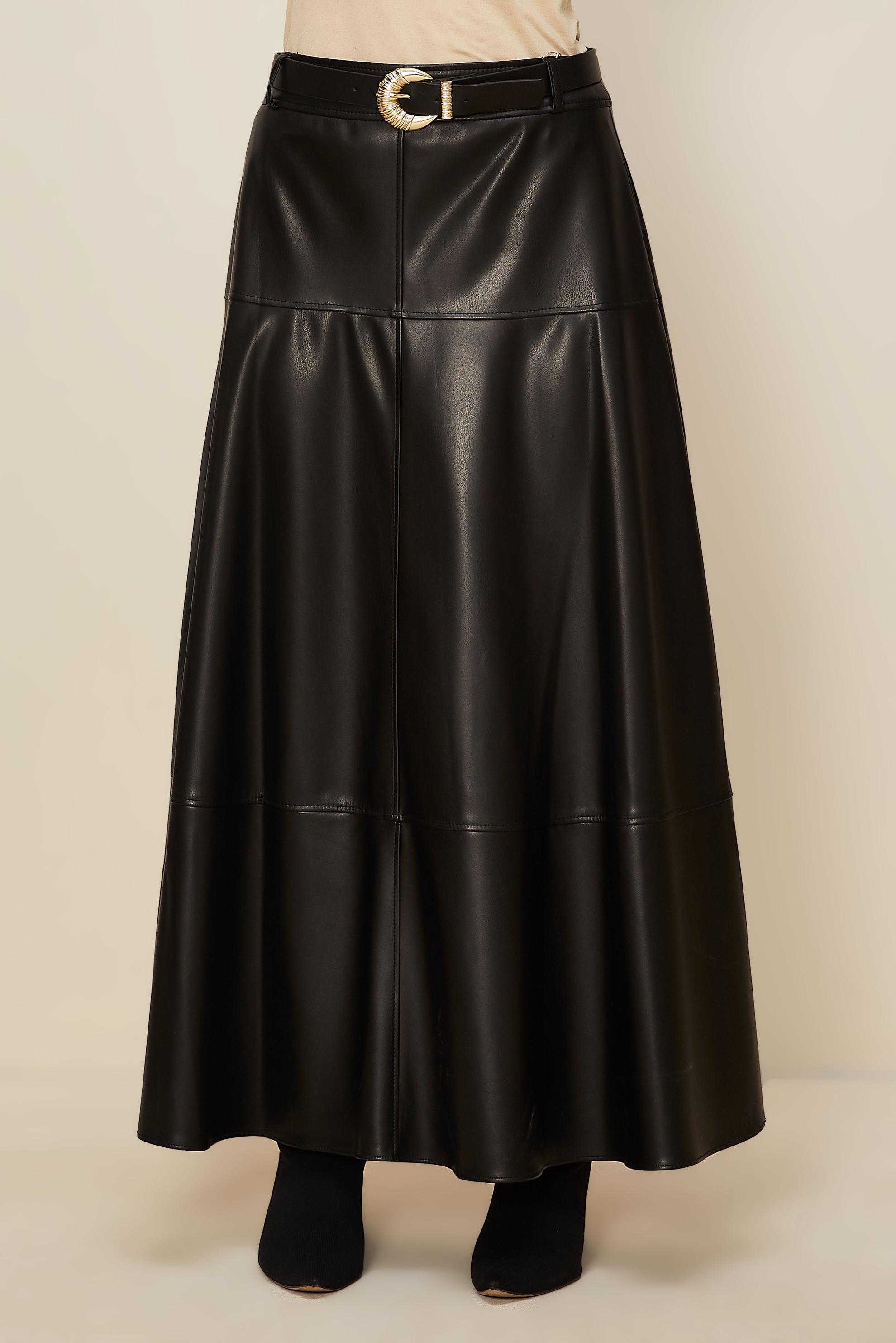 Tesettür giyim SİYAH KEMERLİ SUNİ DERİ ETEK 60729