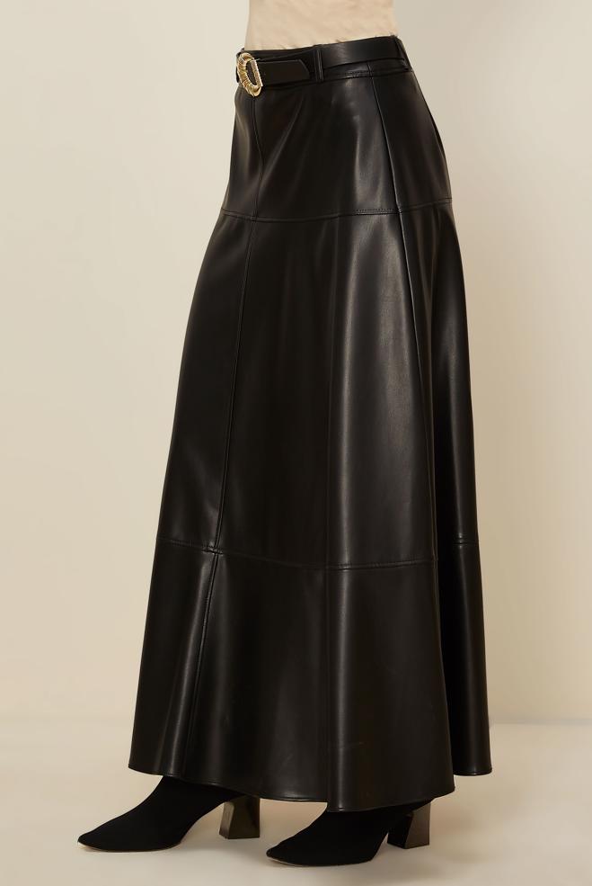 Tesettür giyim SİYAH KEMERLİ SUNİ DERİ ETEK 60729 - ALVİNA