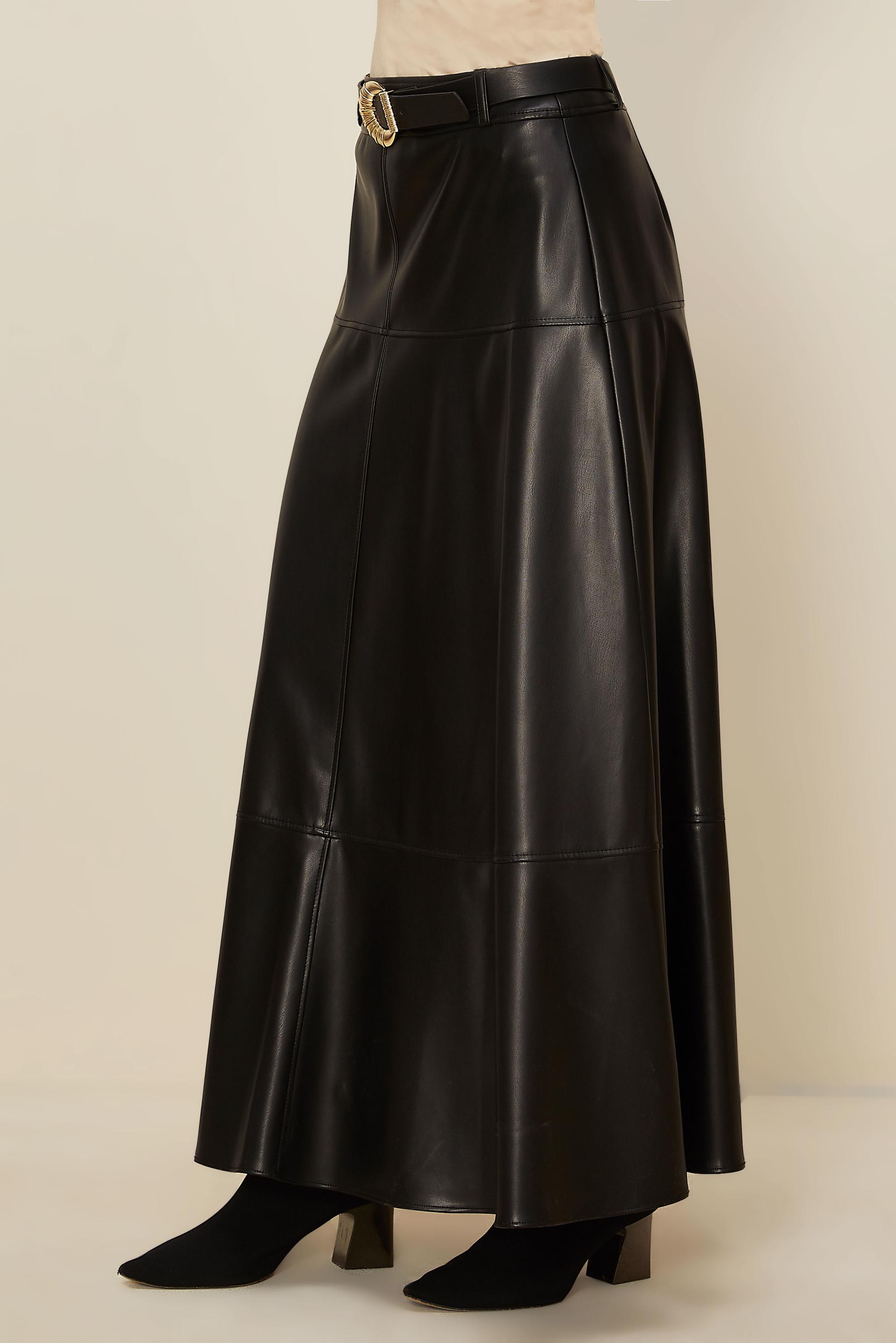 Tesettür giyim SİYAH KEMERLİ SUNİ DERİ ETEK 60729