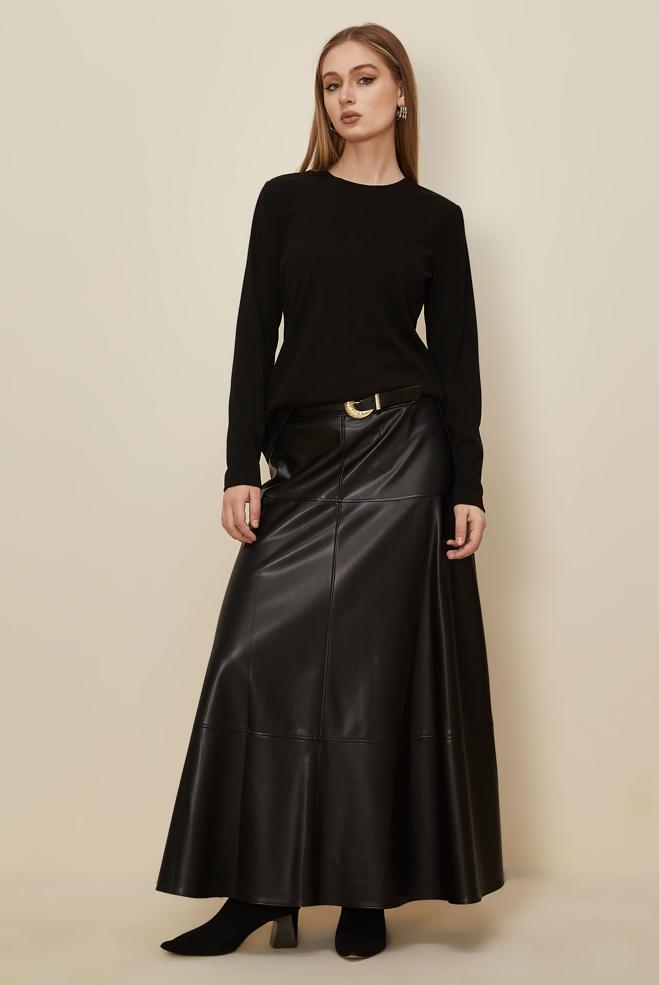 Tesettür giyim SİYAH KEMERLİ SUNİ DERİ ETEK 60729 - ALVİNA