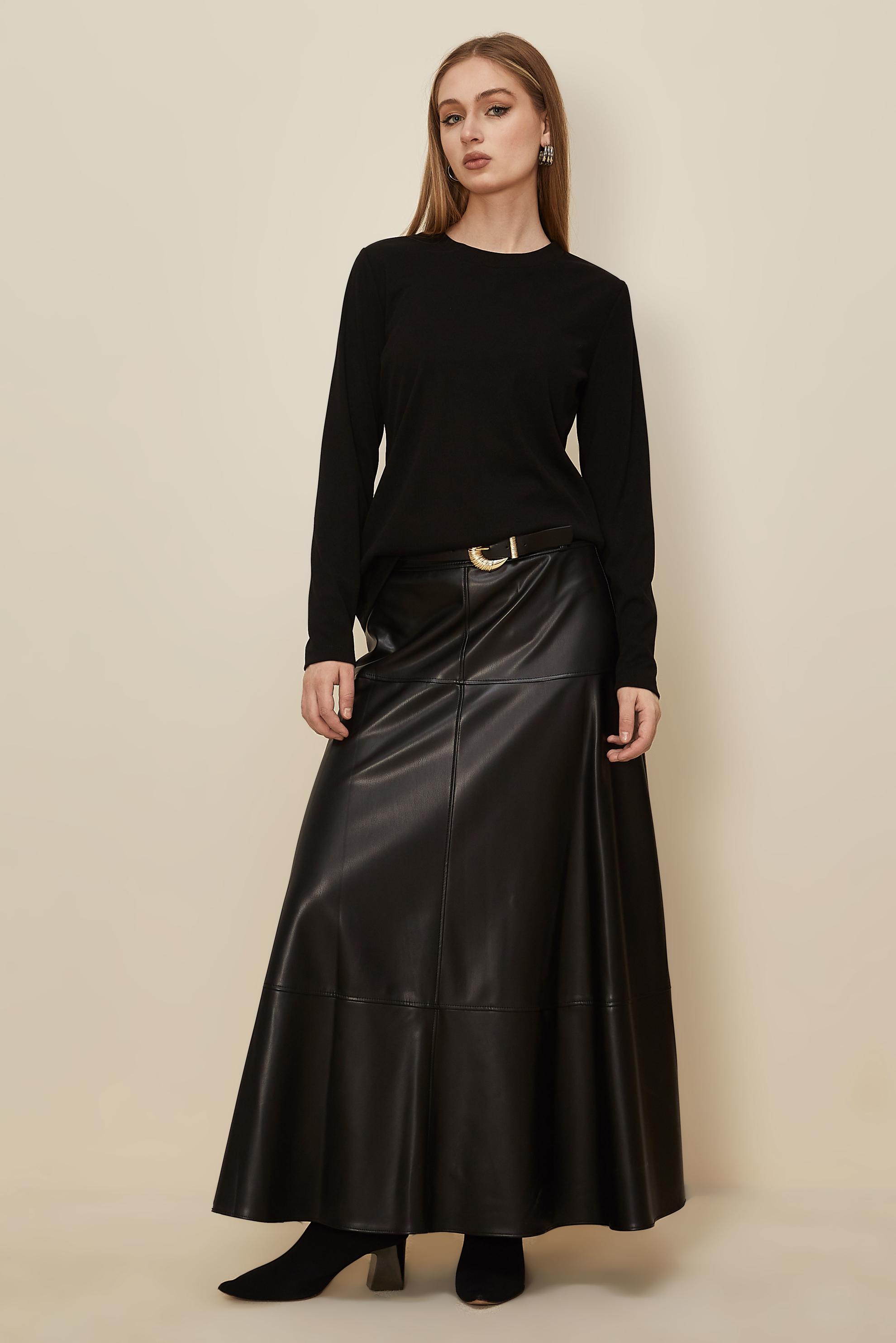 Tesettür giyim SİYAH KEMERLİ SUNİ DERİ ETEK 60729