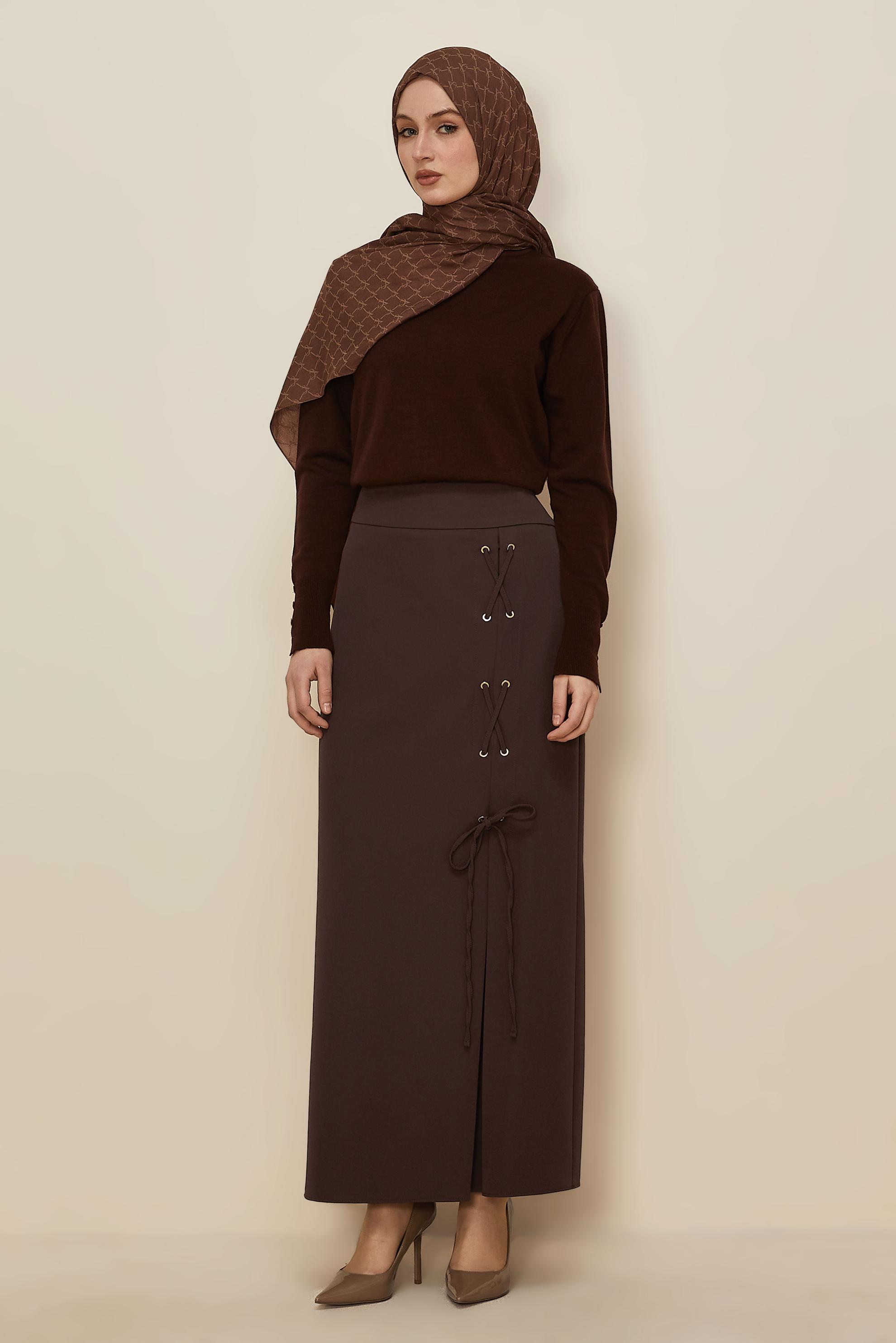 Hijab clothing BROWN LACE UP DETAIL SKIRT 60731
