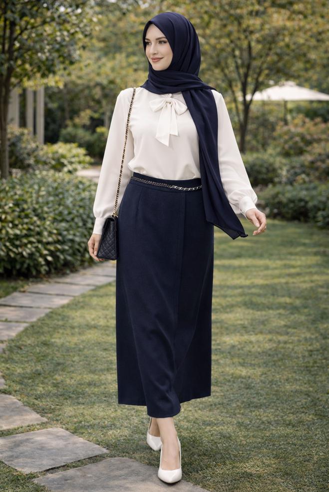 Vêtements hijab BLEU MARINE JUPE DÉTAILLÉE DE CEINTURE 60733 - ALVİNA