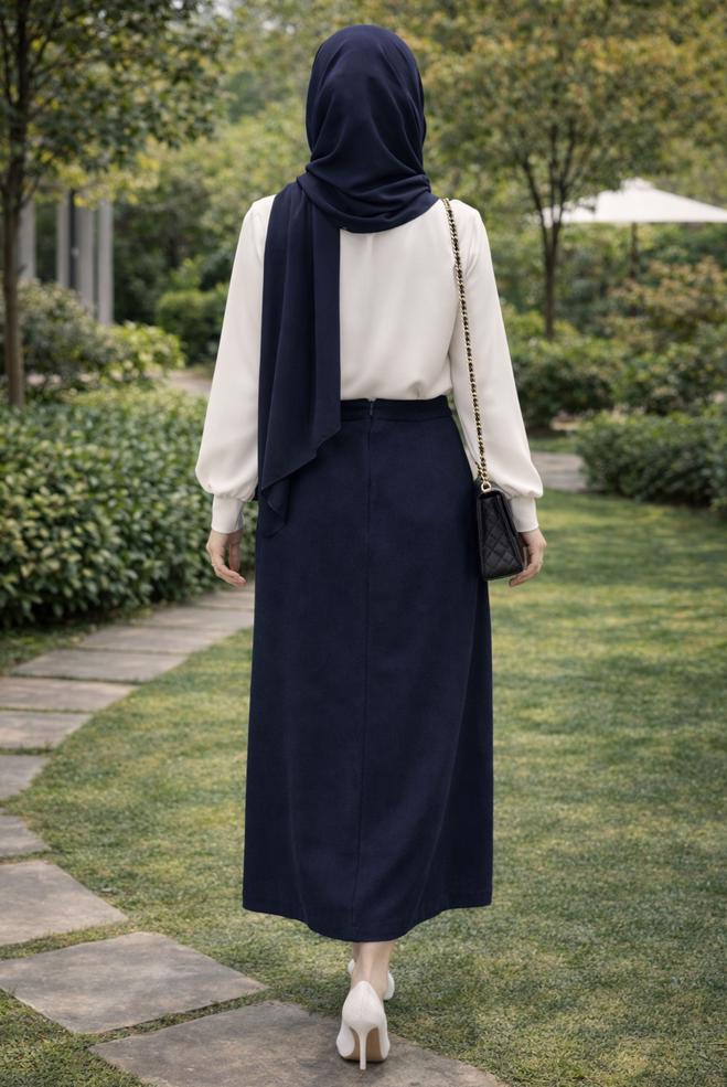 Vêtements hijab BLEU MARINE JUPE DÉTAILLÉE DE CEINTURE 60733 - ALVİNA