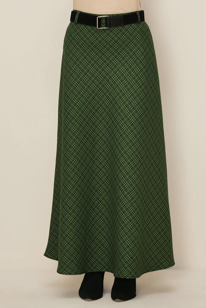 Tesettür giyim YEŞİL KEMERLİ EKOSE ETEK 60735 - ALVİNA