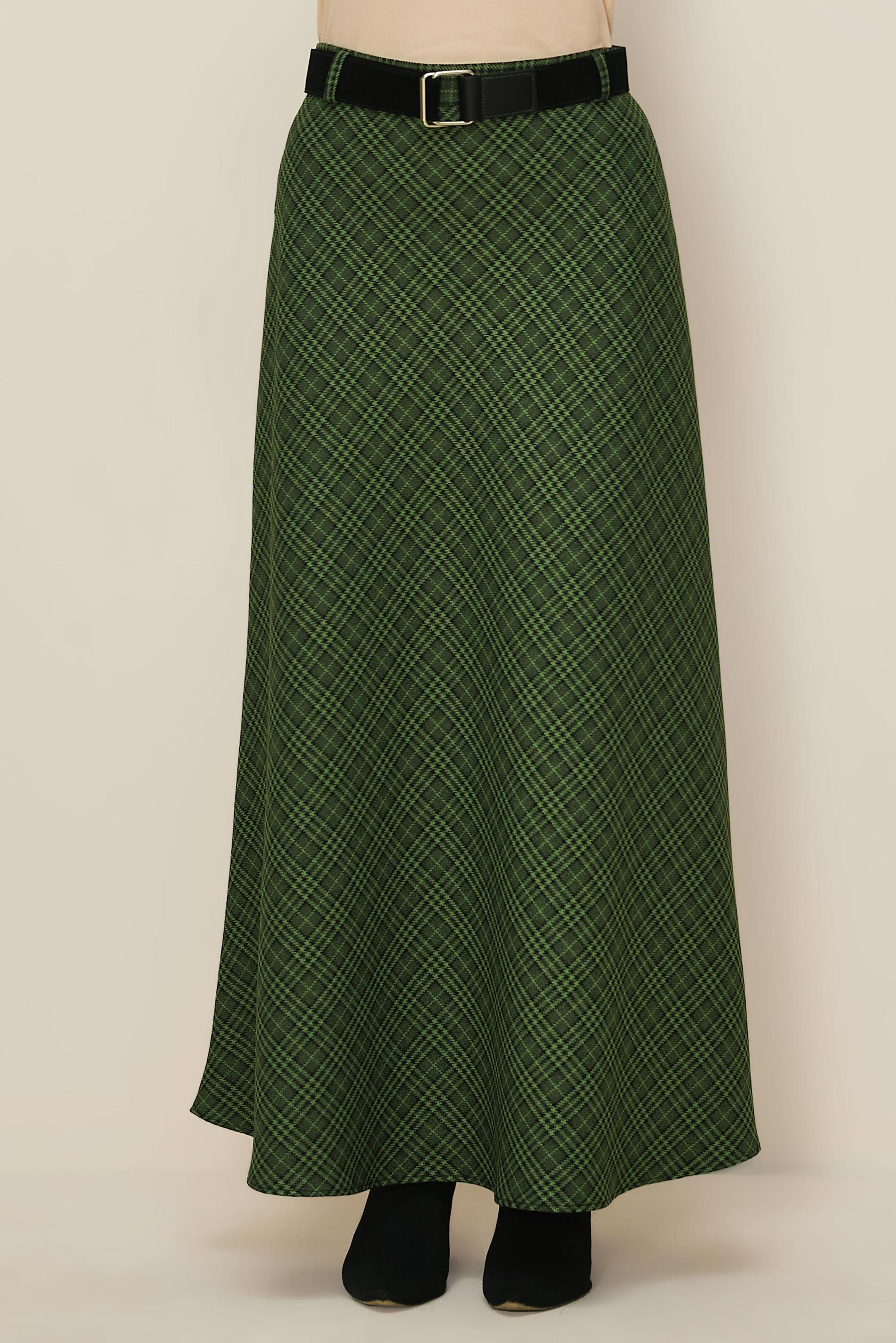 Tesettür giyim YEŞİL KEMERLİ EKOSE ETEK 60735