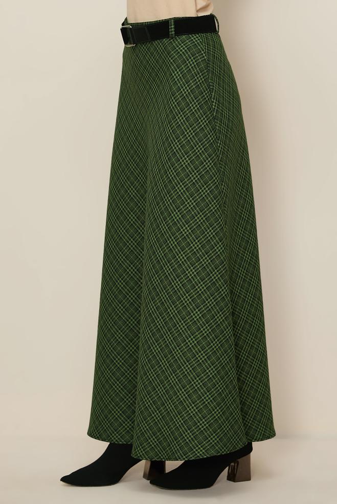 Tesettür giyim YEŞİL KEMERLİ EKOSE ETEK 60735 - ALVİNA