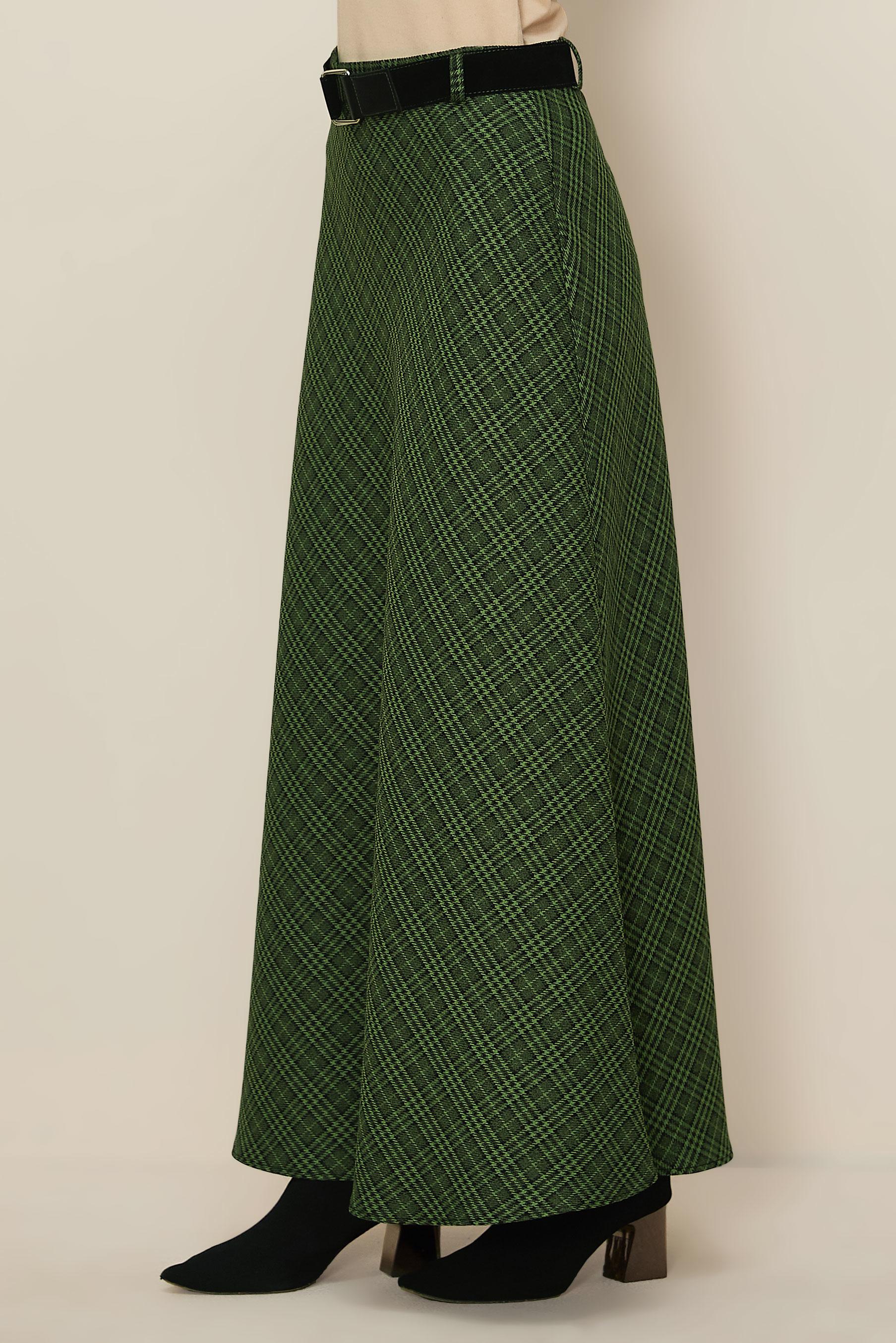 Tesettür giyim YEŞİL KEMERLİ EKOSE ETEK 60735