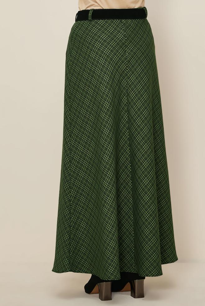 Tesettür giyim YEŞİL KEMERLİ EKOSE ETEK 60735 - ALVİNA