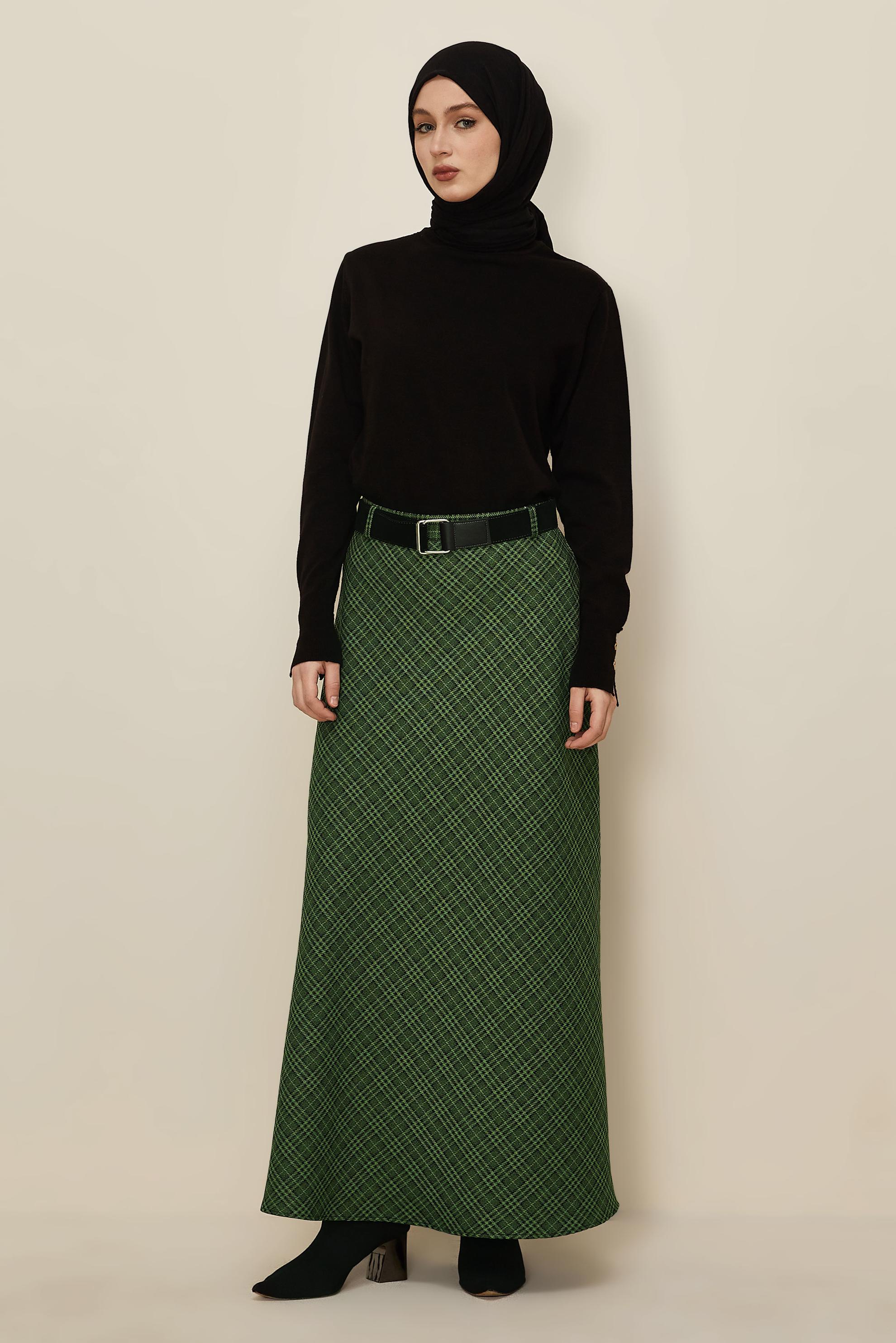 Tesettür giyim YEŞİL KEMERLİ EKOSE ETEK 60735