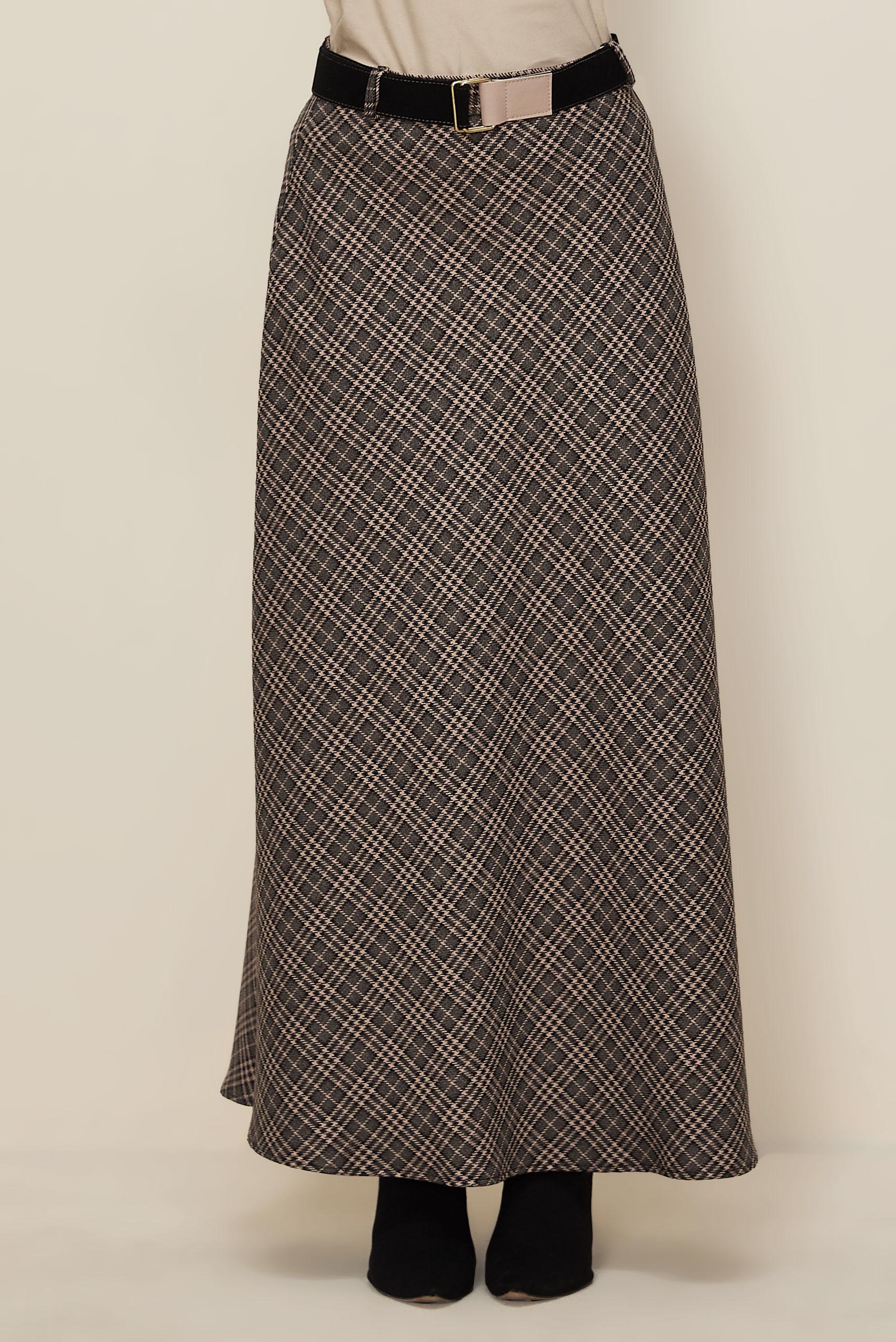 Tesettür giyim PUDRA KEMERLİ EKOSE ETEK 60735