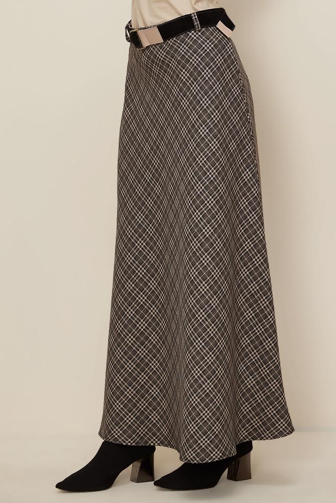 Tesettür giyim PUDRA KEMERLİ EKOSE ETEK 60735 - ALVİNA