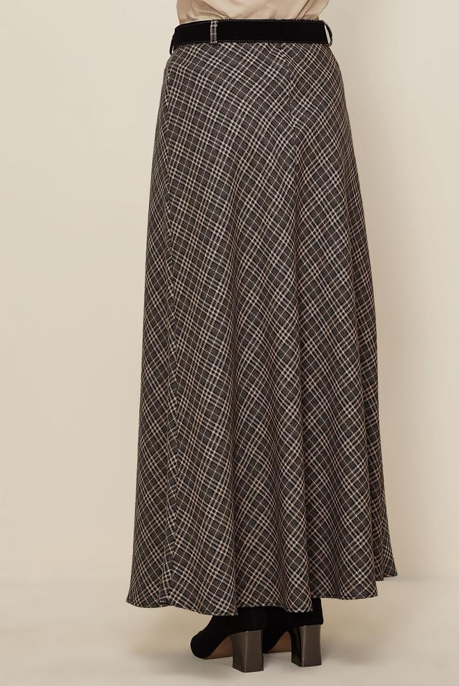 Tesettür giyim PUDRA KEMERLİ EKOSE ETEK 60735 - ALVİNA