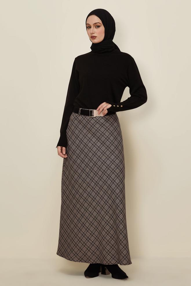 Tesettür giyim PUDRA KEMERLİ EKOSE ETEK 60735 - ALVİNA