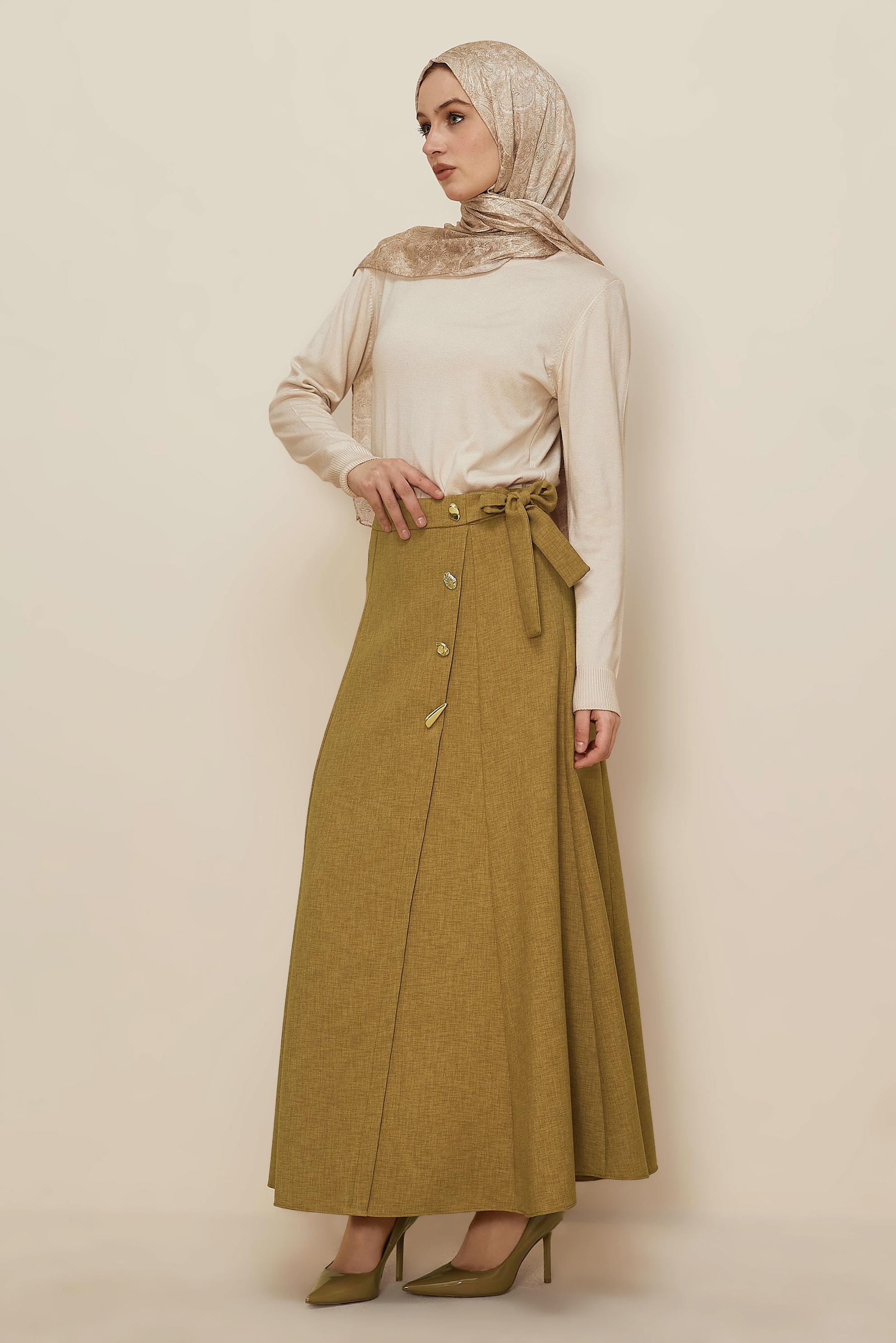 Tesettür giyim SARI BAĞLAMA DETAYLI ETEK 60737