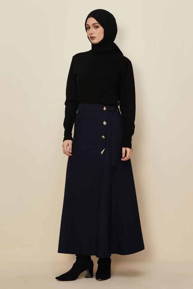 Tesettür giyim LACİVERT BAĞLAMA DETAYLI ETEK 60737 - ALVİNA
