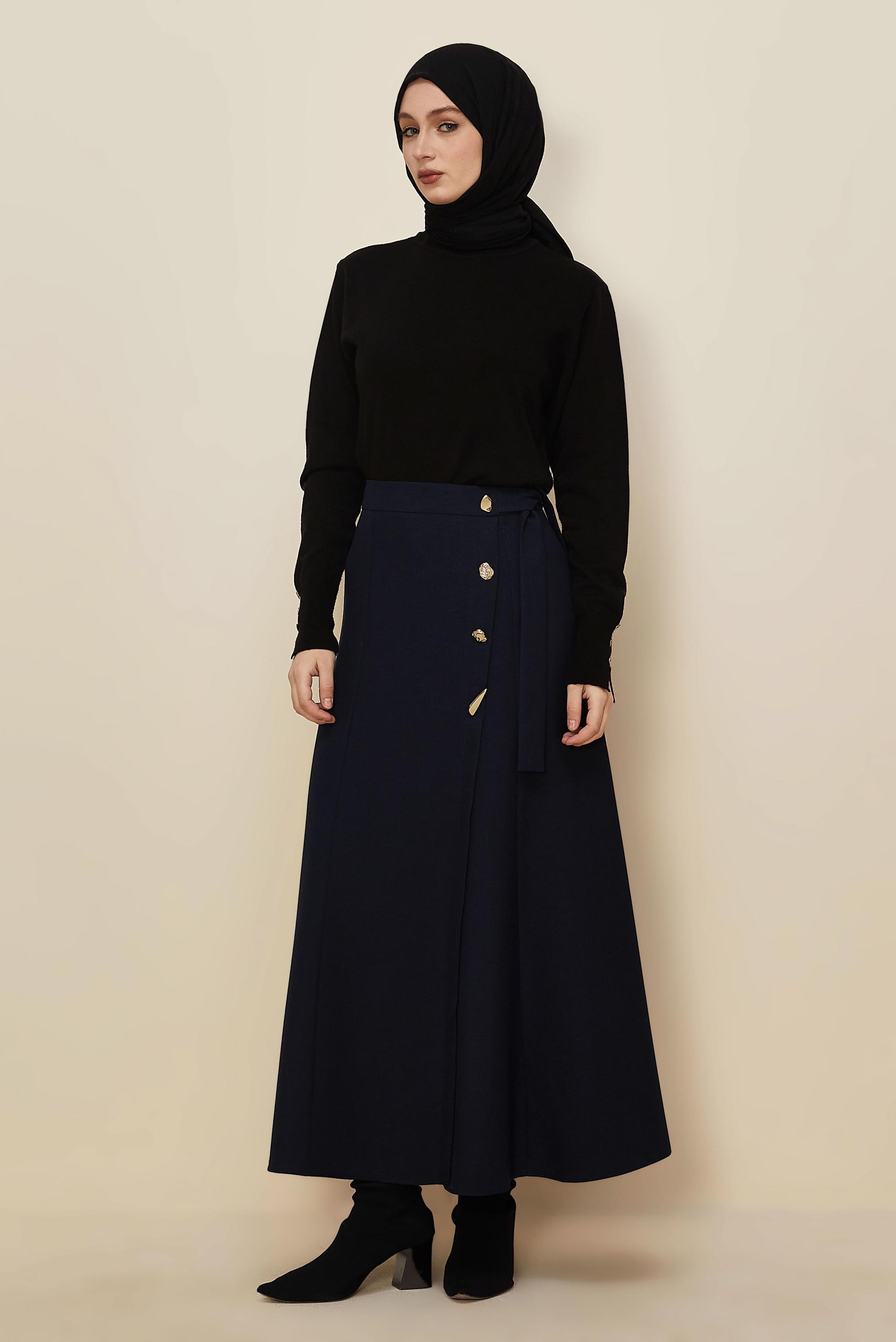 Tesettür giyim LACİVERT BAĞLAMA DETAYLI ETEK 60737