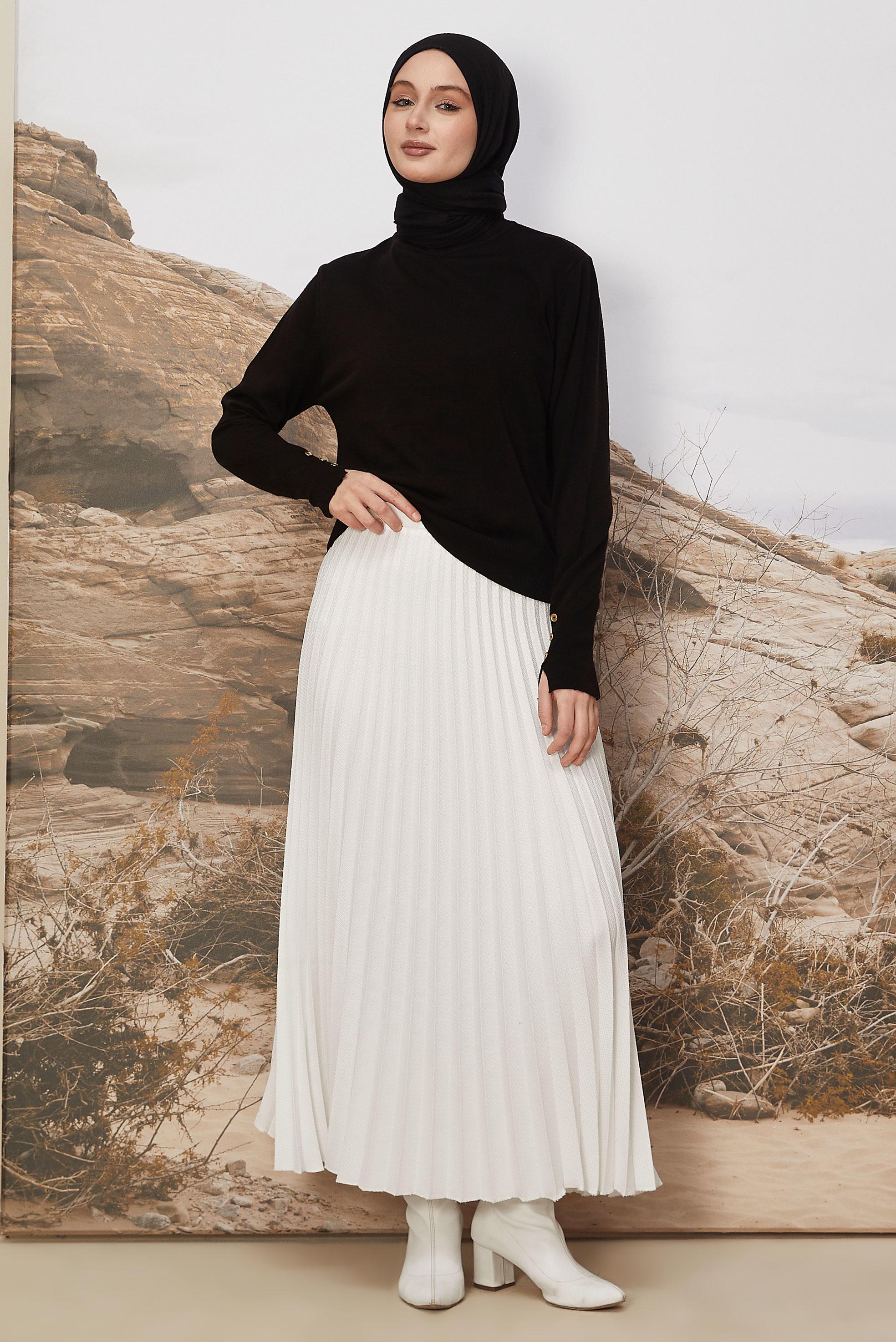 Tesettür giyim BEYAZ PİLİSELİ ETEK 60741