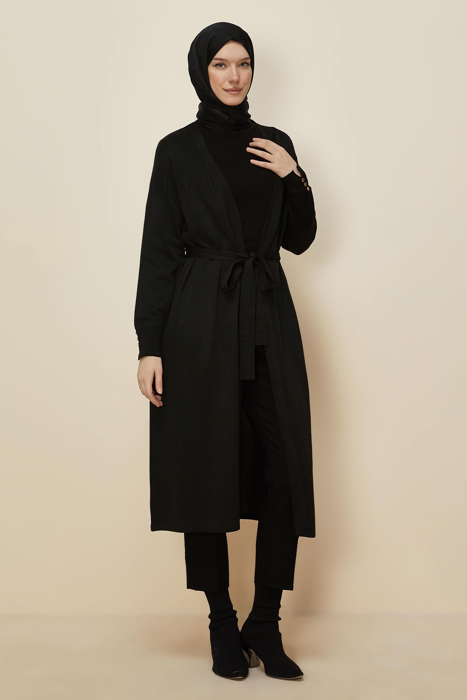 Hijab clothing BLACK BELTED KNITWEAR CARDIGAN 45892