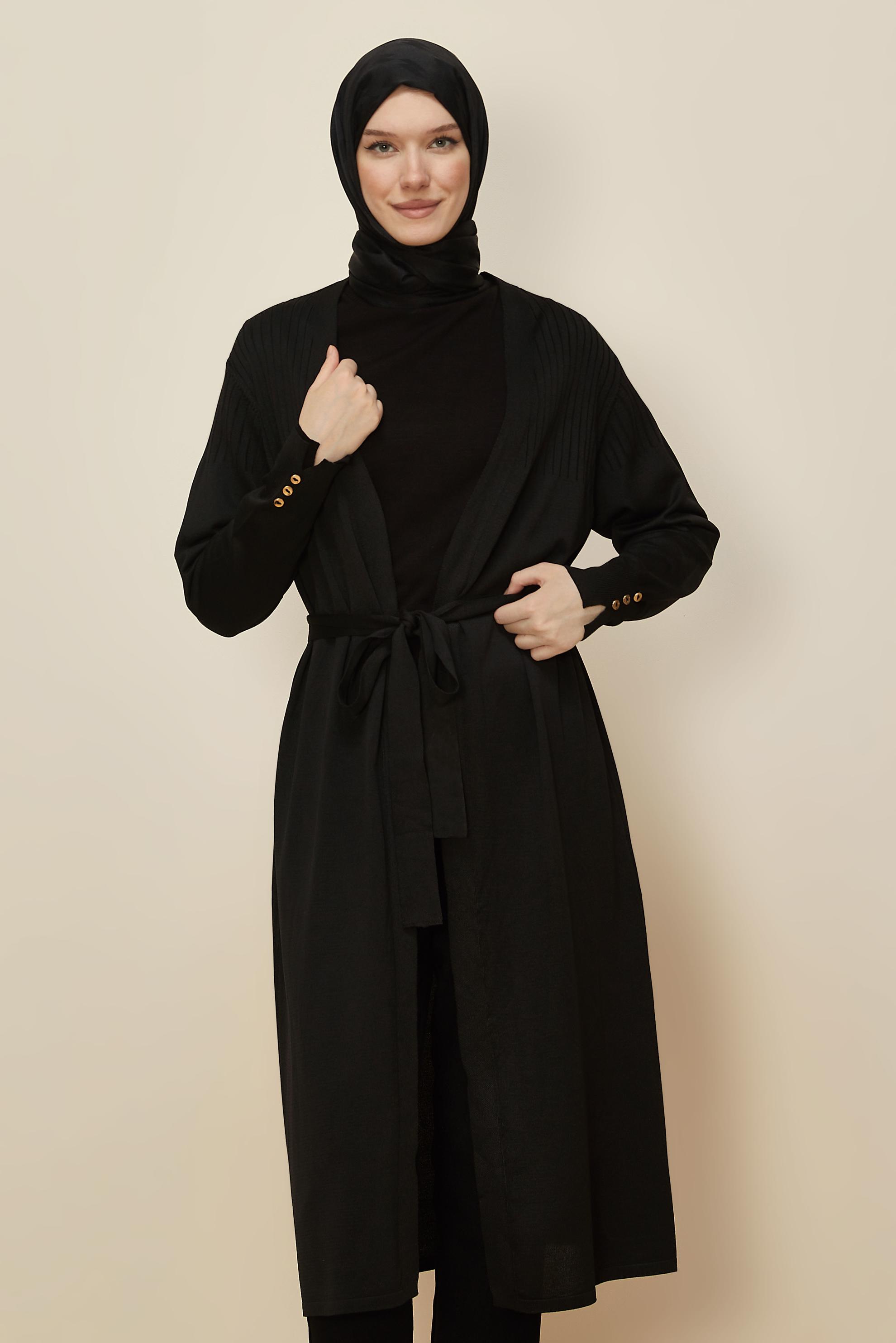 Hijab clothing BLACK BELTED KNITWEAR CARDIGAN 45892