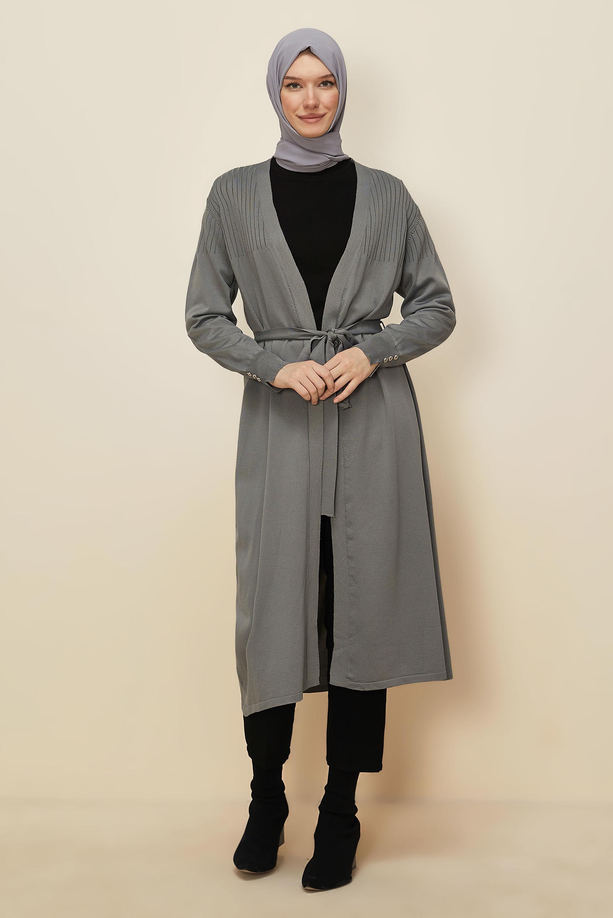 Hijab clothing GREY BELTED KNITWEAR CARDIGAN 45892