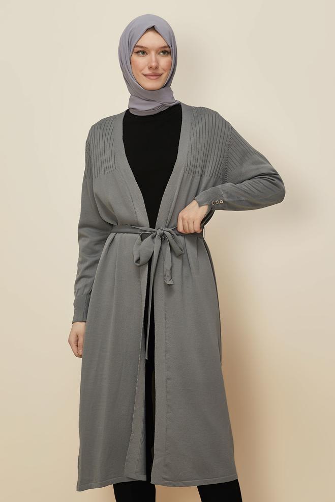 Tesettür giyim GRİ KUŞAKLI TRİKO HIRKA 45892 - ALVİNA