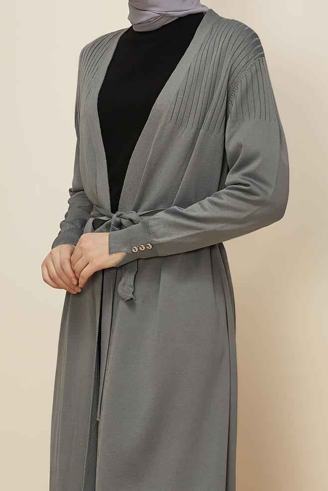 Tesettür giyim GRİ KUŞAKLI TRİKO HIRKA 45892 - ALVİNA