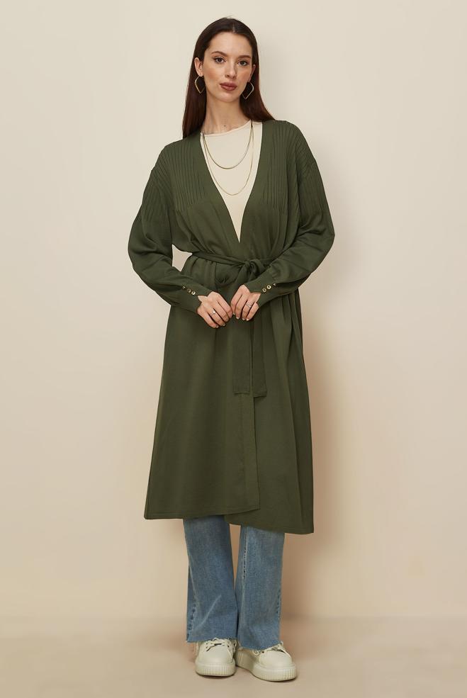 Hijab clothing KHAKI BELTED KNITWEAR CARDIGAN 45892 - ALVİNA
