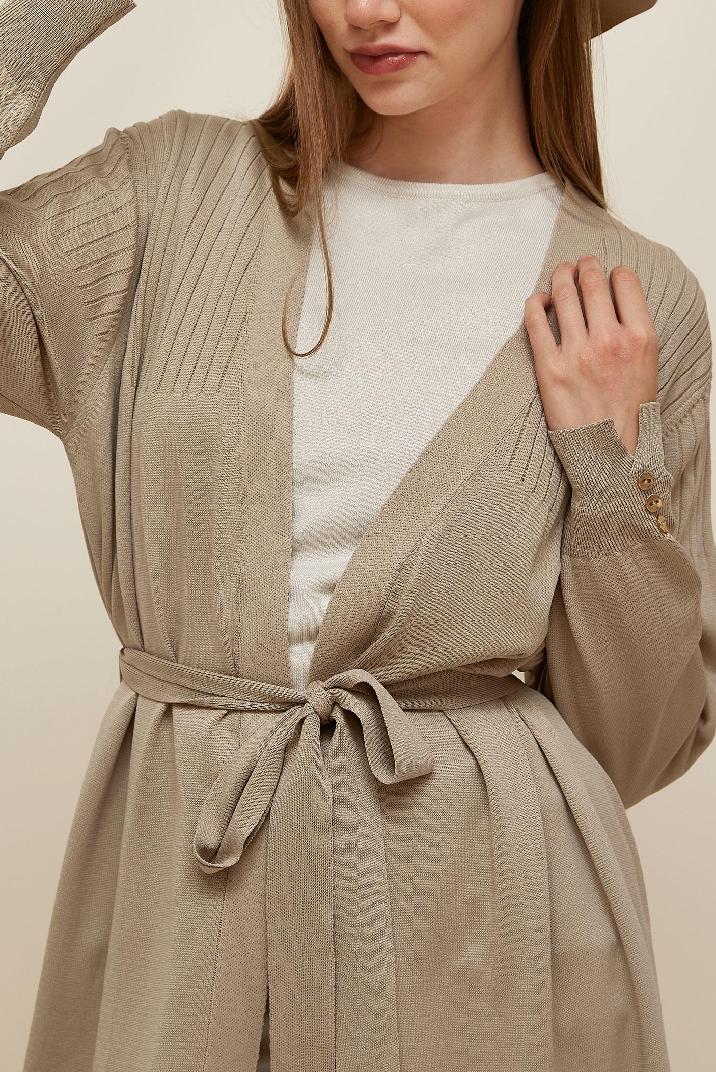 Tesettür giyim BEJ KUŞAKLI TRİKO HIRKA 45892