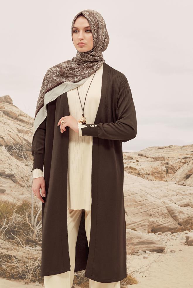 Tesettür giyim KAHVE KUŞAKLI TRİKO HIRKA 45892 - ALVİNA