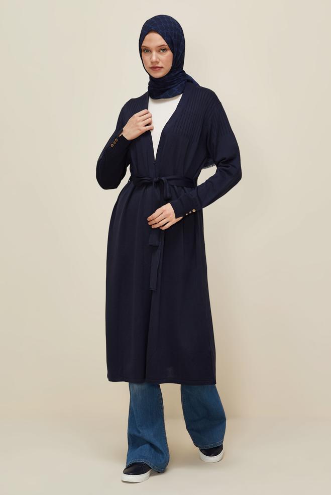 Tesettür giyim LACİVERT KUŞAKLI TRİKO HIRKA 45892 - ALVİNA