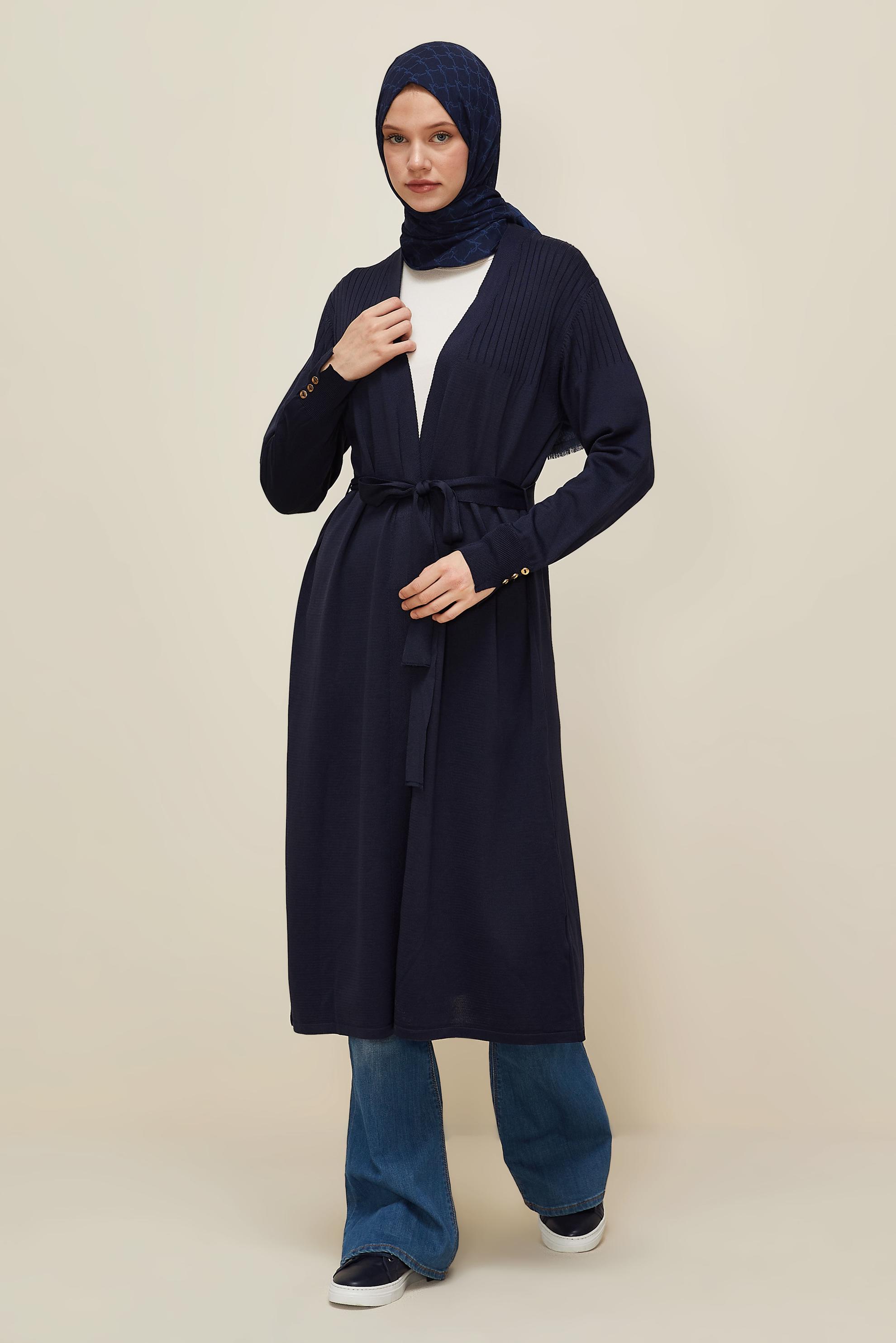 Tesettür giyim LACİVERT KUŞAKLI TRİKO HIRKA 45892