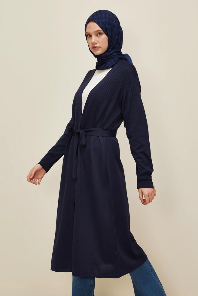 Tesettür giyim LACİVERT KUŞAKLI TRİKO HIRKA 45892 - ALVİNA