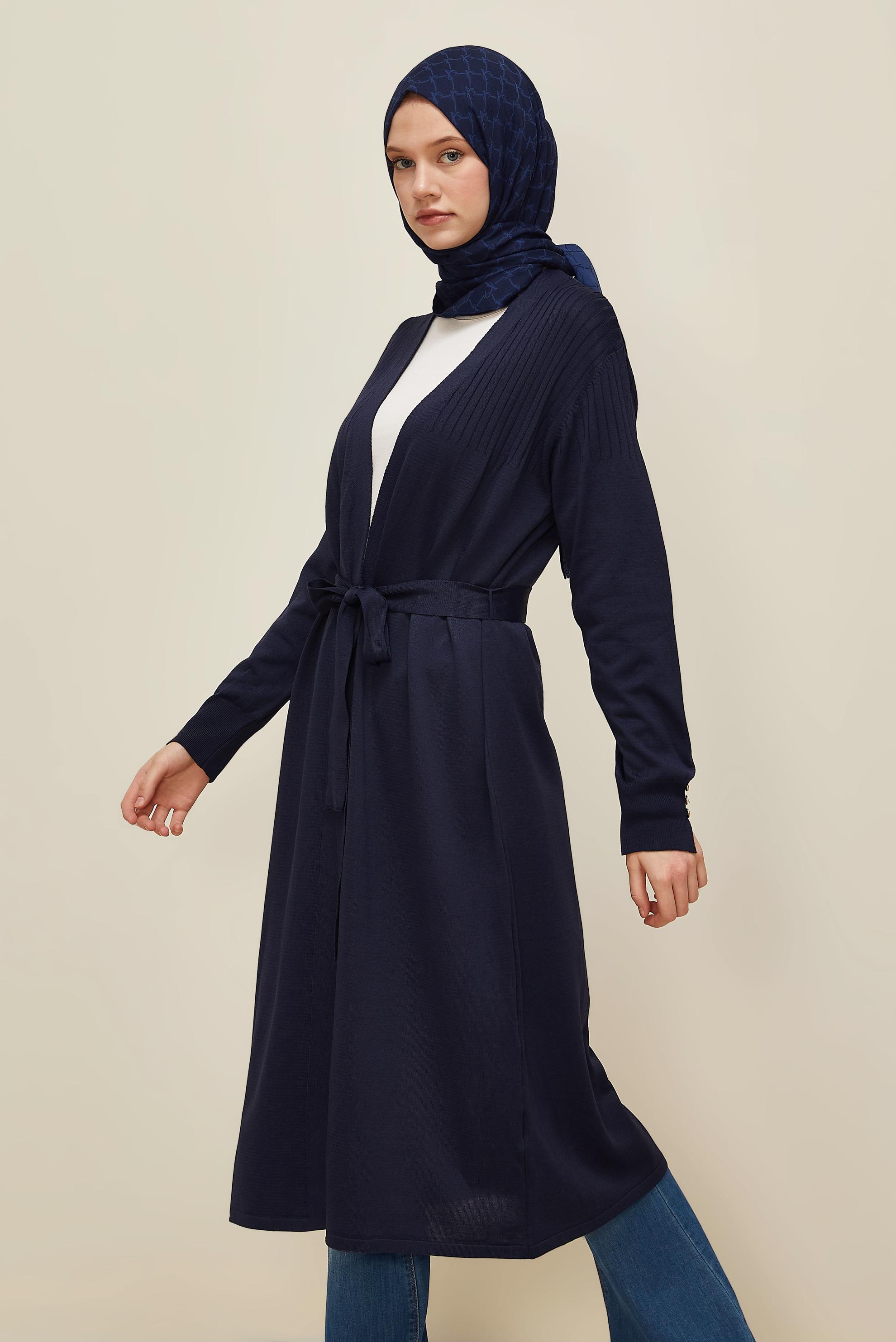 Tesettür giyim LACİVERT KUŞAKLI TRİKO HIRKA 45892