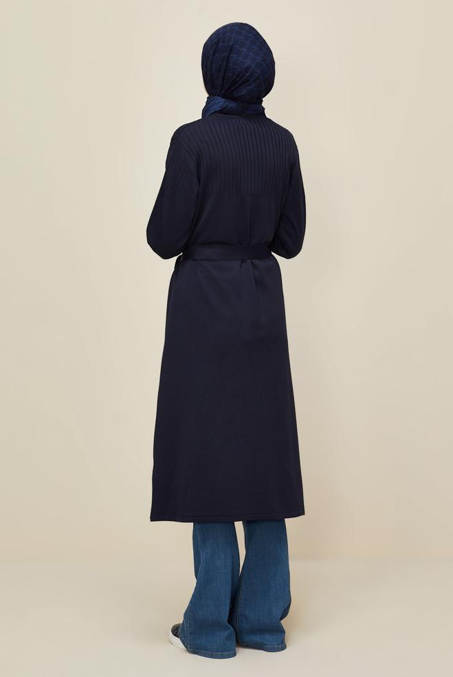 Tesettür giyim LACİVERT KUŞAKLI TRİKO HIRKA 45892 - ALVİNA