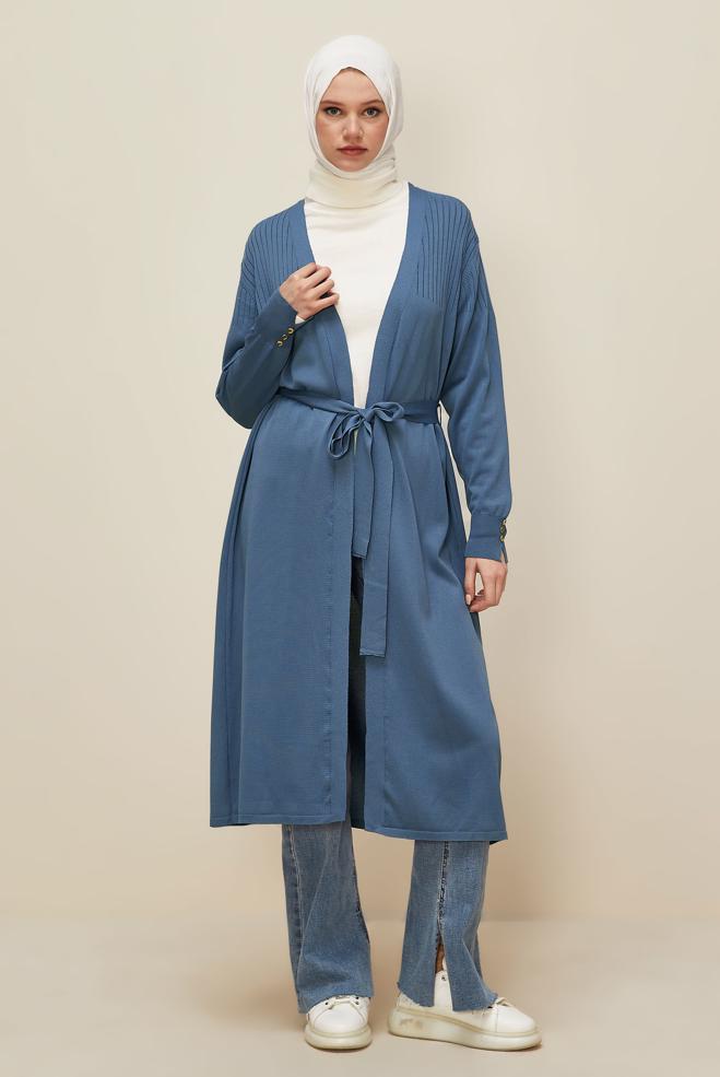 Tesettür giyim LACİVERT KUŞAKLI TRİKO HIRKA 45892 - ALVİNA