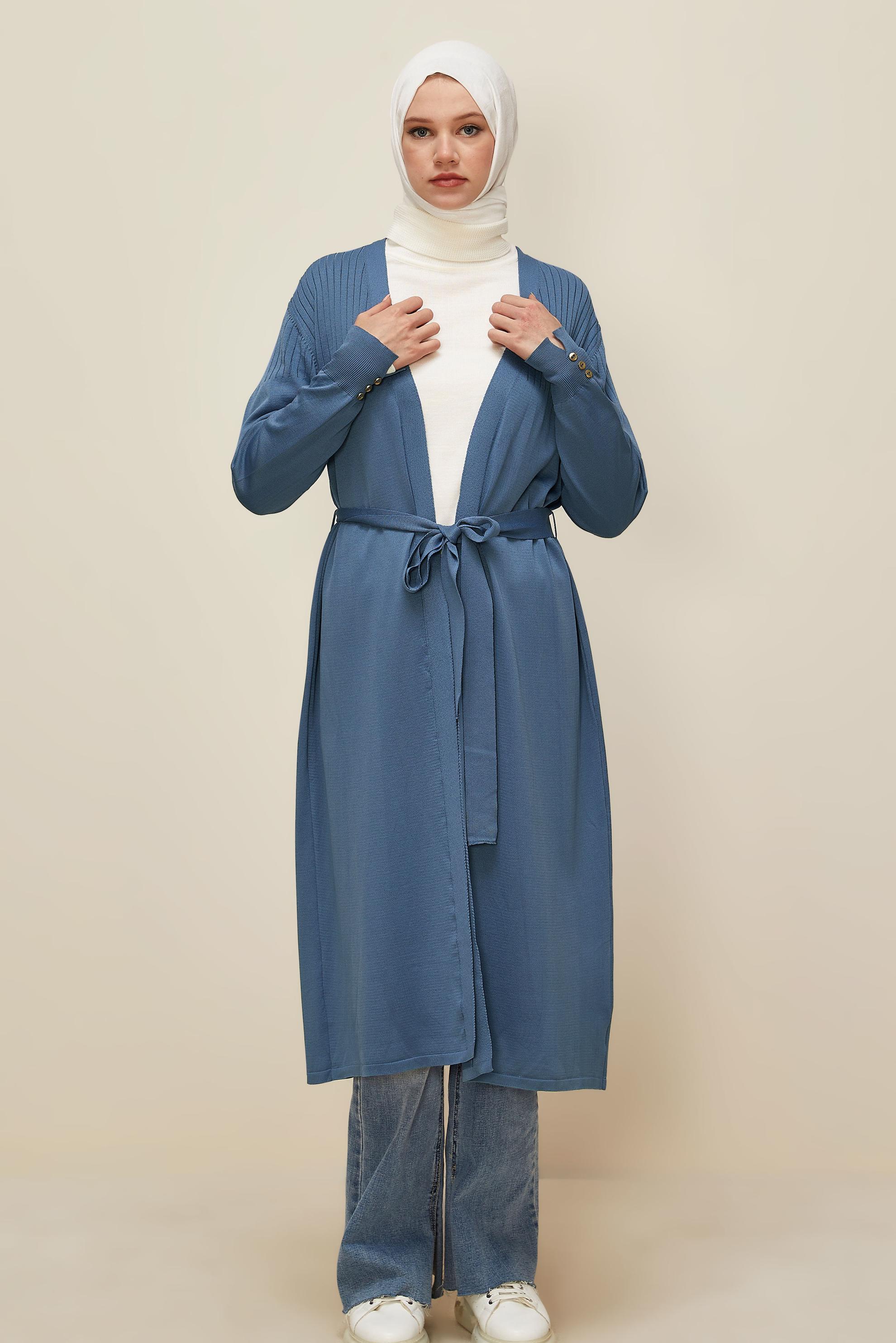 Tesettür giyim LACİVERT KUŞAKLI TRİKO HIRKA 45892
