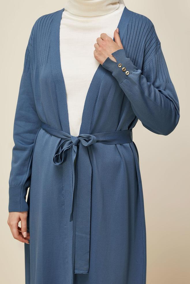 Tesettür giyim LACİVERT KUŞAKLI TRİKO HIRKA 45892 - ALVİNA