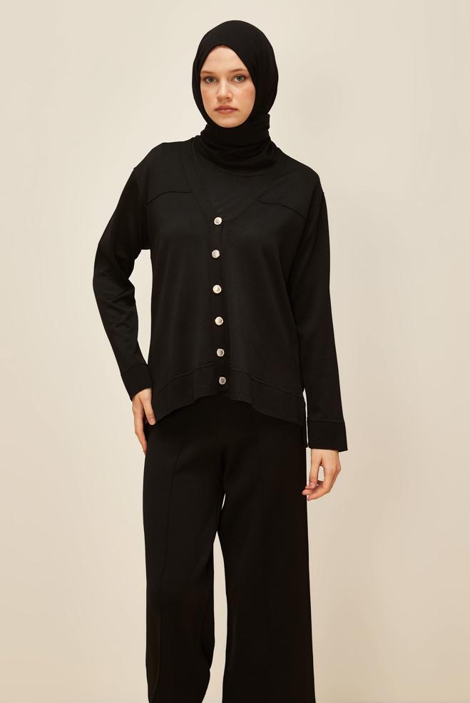 Tesettür giyim SİYAH DÜĞMELİ TRİKO HIRKA 45895 - ALVİNA