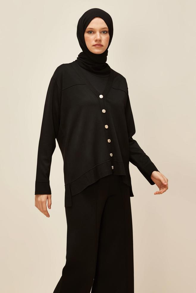 Tesettür giyim SİYAH DÜĞMELİ TRİKO HIRKA 45895 - ALVİNA