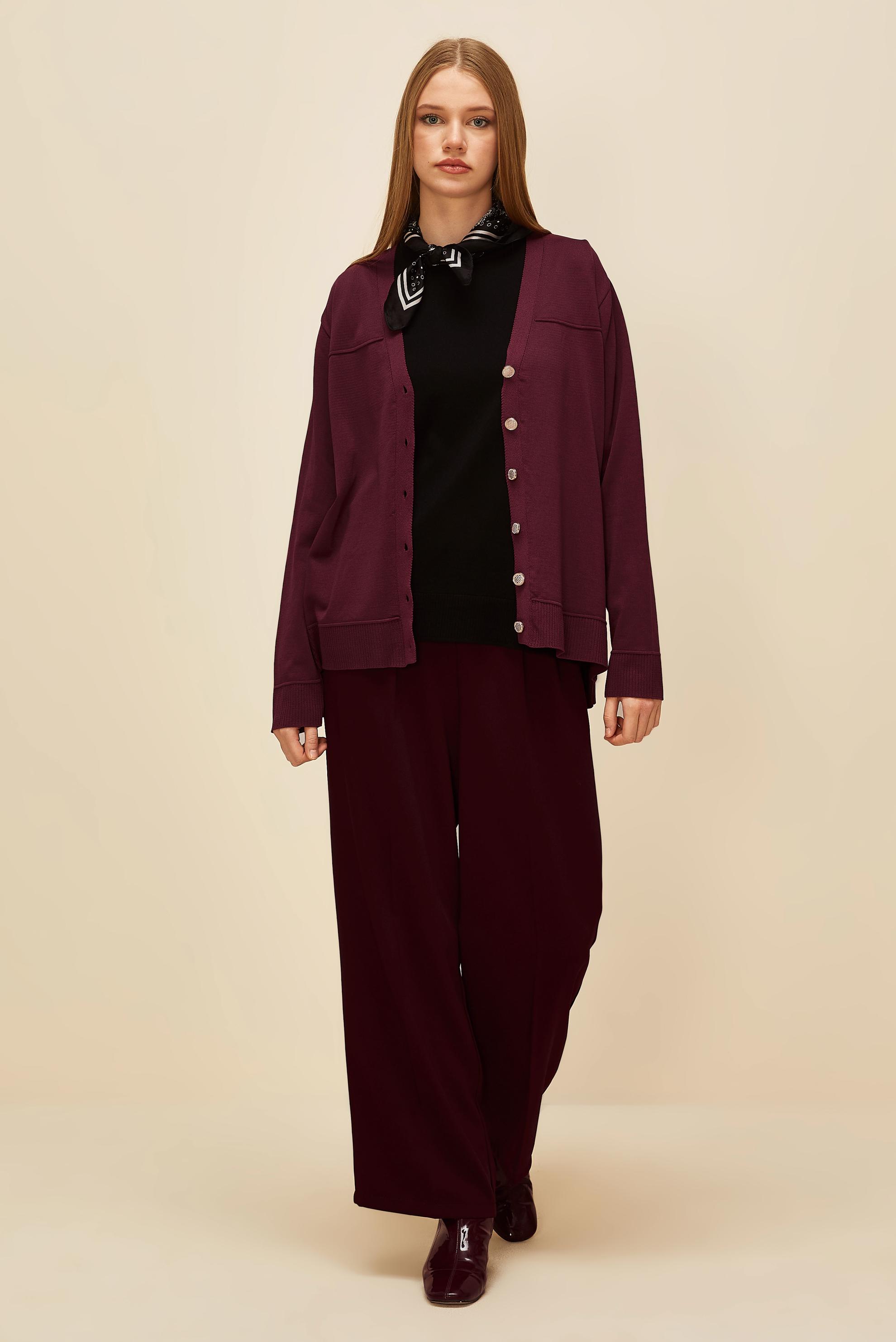 Tesettür giyim BORDO DÜĞMELİ TRİKO HIRKA 45895