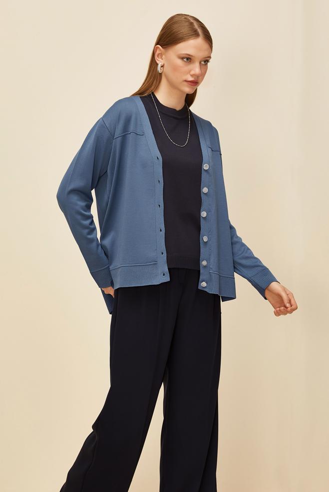 Tesettür giyim LACİVERT DÜĞMELİ TRİKO HIRKA 45895 - ALVİNA