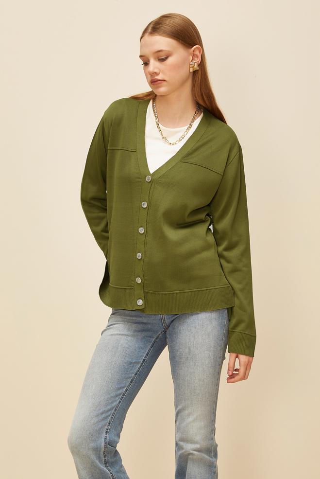 Tesettür giyim YEŞİL DÜĞMELİ TRİKO HIRKA 45895 - ALVİNA