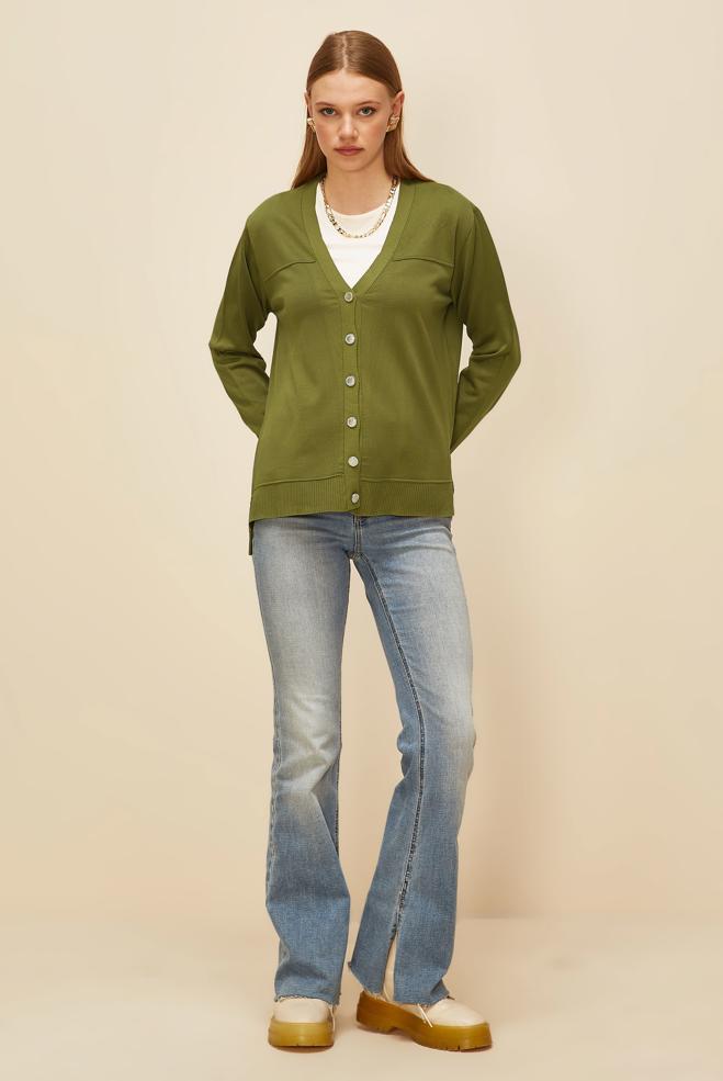 Tesettür giyim YEŞİL DÜĞMELİ TRİKO HIRKA 45895 - ALVİNA