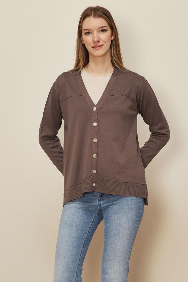 Tesettür giyim KAHVE DÜĞMELİ TRİKO HIRKA 45895 - ALVİNA