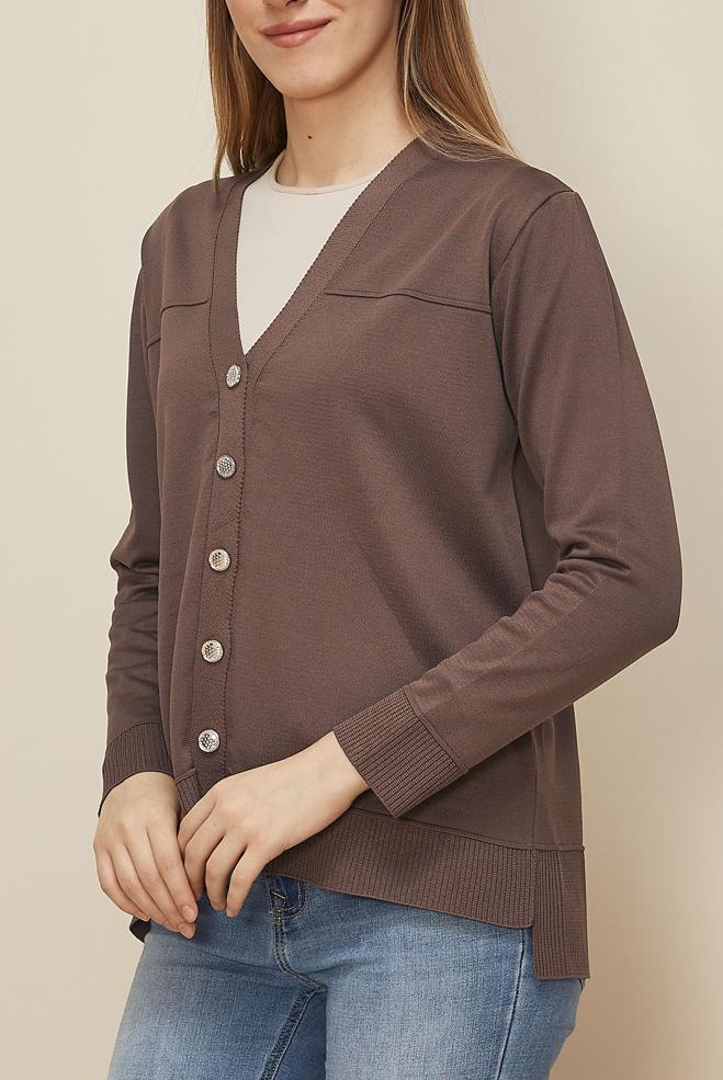Tesettür giyim KAHVE DÜĞMELİ TRİKO HIRKA 45895 - ALVİNA