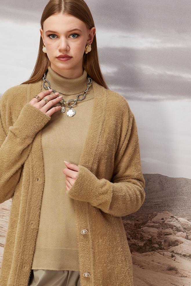 Tesettür giyim KAHVE TRİKO HIRKA 45926 - ALVİNA