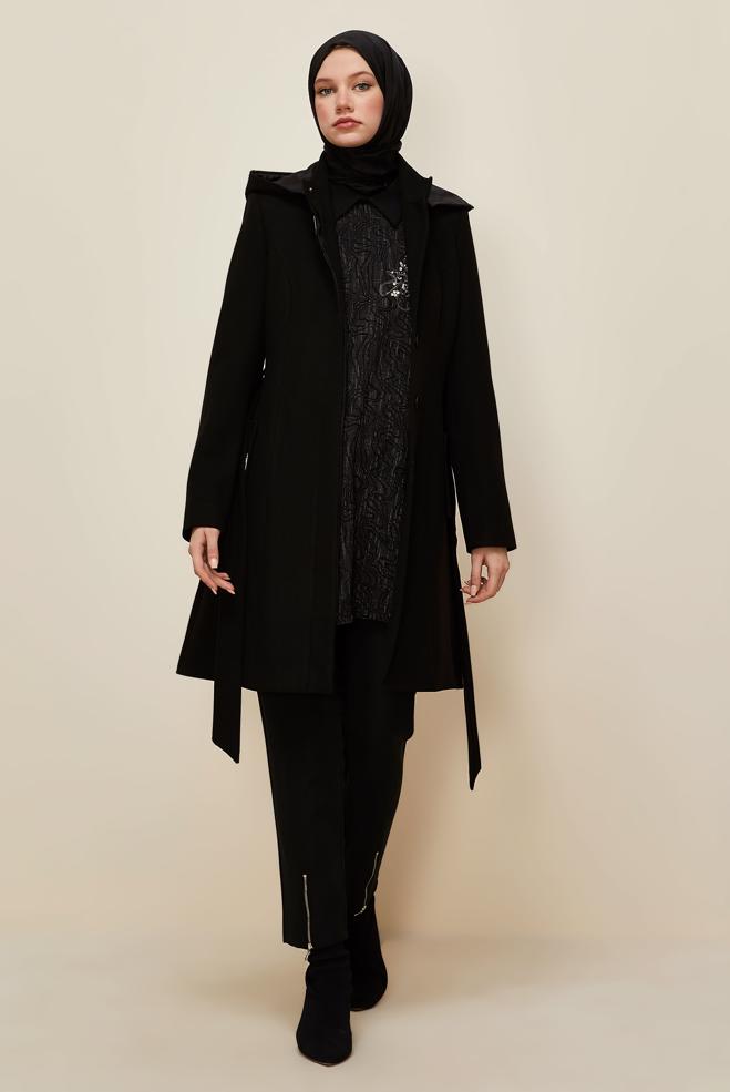 Tesettür giyim SİYAH KUŞAKLI KABAN 90566 - ALVİNA